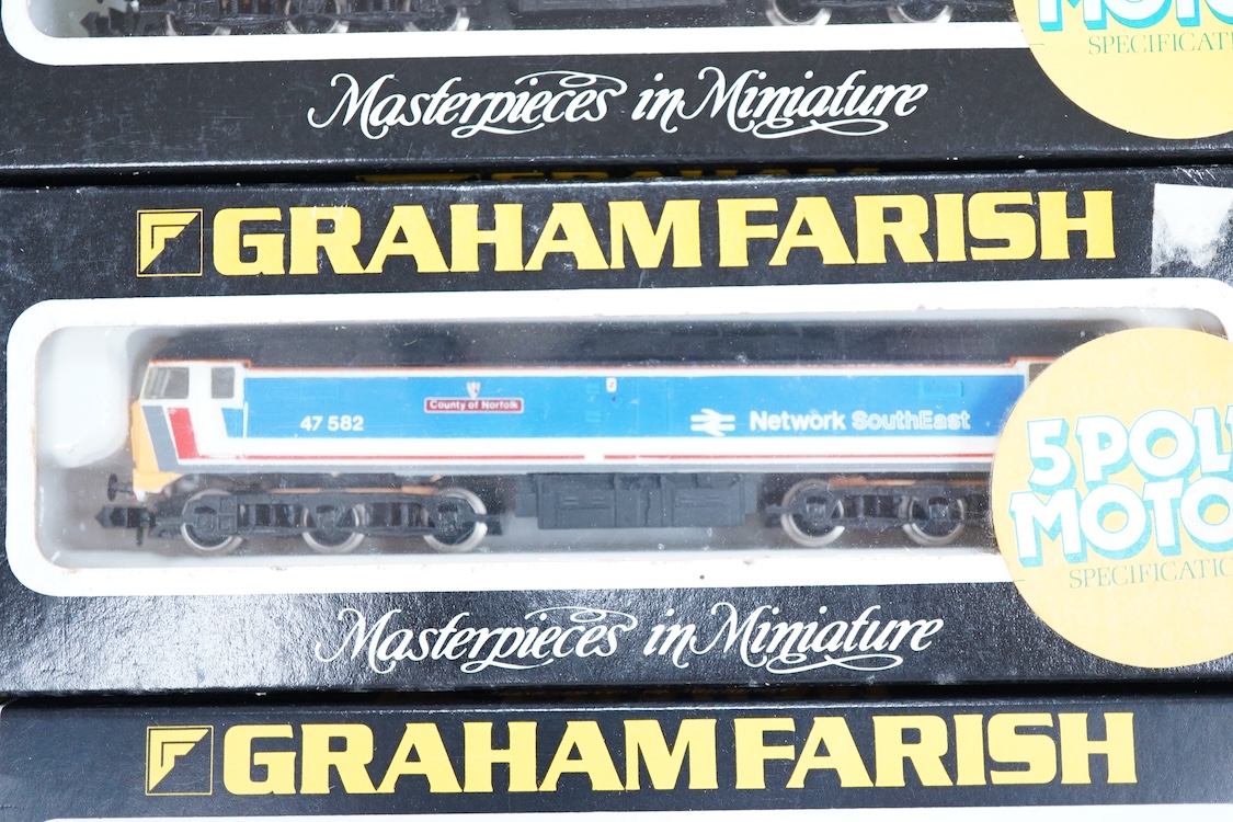 Four boxed Graham Farish N gauge railway Class 47 diesel locomotives; a Porterbrook, 47 817 (LE801A), a Network SouthEast, 47 582 (8018), a Great Western, SS Great Britain 47813, (8002) and a Parcels, Track 29 47479 (802